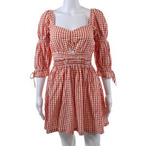 Rue Stiic Womens Cotton Gingham Waist Cut Out V-Neck Puff Sleeve Dress Red Sz XS